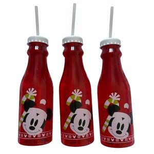 Set of 3 Mickey Mouse Red Holiday Plastic Milk Bottles With Straw